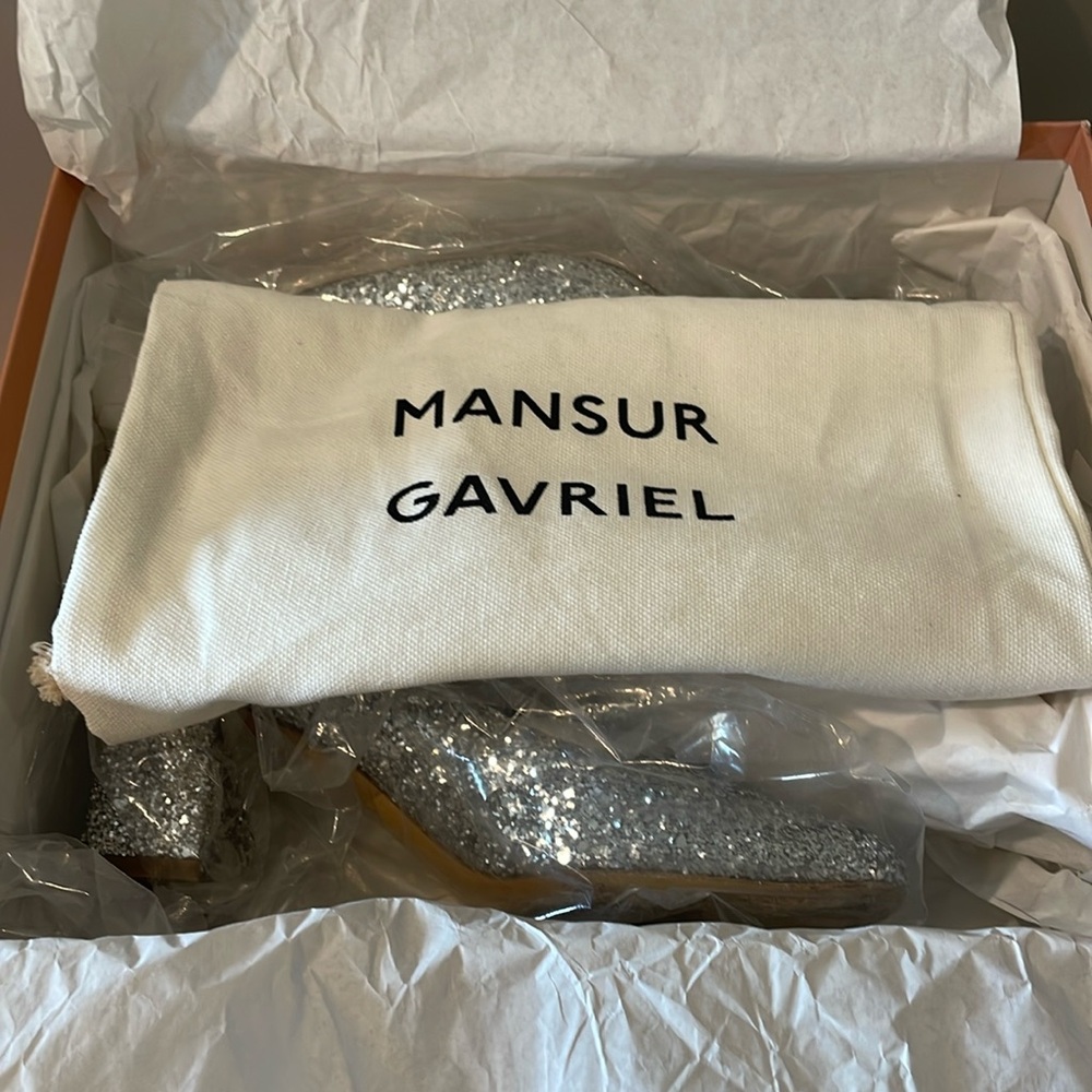 Mansur Gavriel Silver Glitter Square Toe Heel Size EU 35 - Picture 9 of 16
